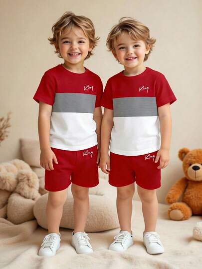 SHEIN Streecool Kids Set de 2 piezas de camiseta y pantalones cortos casuales para niños pequeños con estampado gráfico de letras y parches, ropa cómoda para uso diario en primavera/verano/otoño