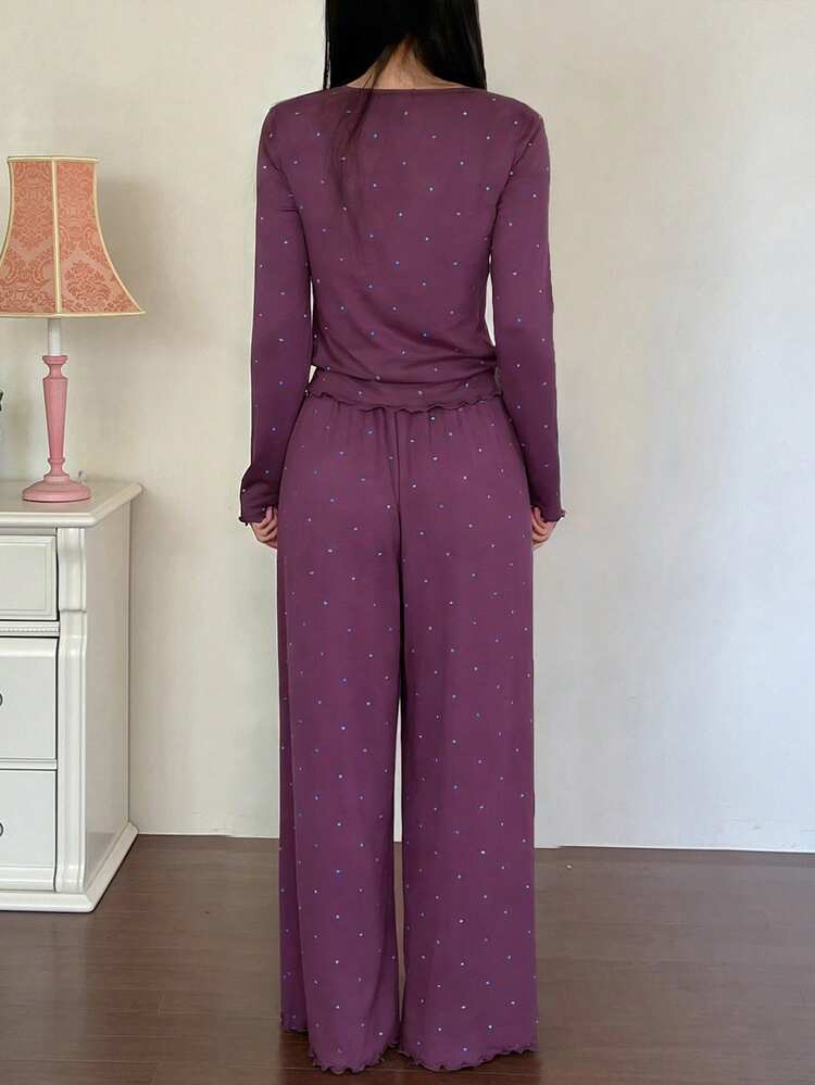 2pcs Women Polka Dot Print Fitted Cardigan Long Sleeve And Straight Leg Pants Pajama Set