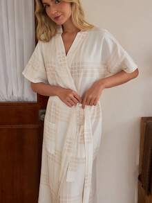 SHEIN Women's Kimono Robe With Tie Front, Plaid Pattern And Pockets - Beige - View 5