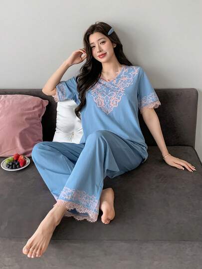 DAZY 2pcs Women Lace Patchwork V-Neck Loose Short Sleeve T-Shirt And Straight Leg Pants Pajama Set, Summer