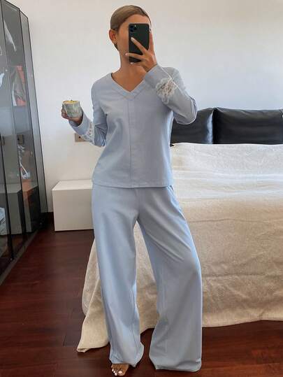 DAZY 简约舒适针织撞色蕾丝拼接女士睡衣套装