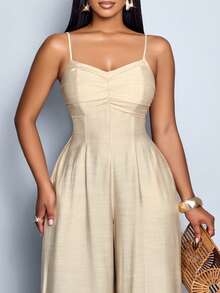 SHEIN PETITE CURVE Women's Draped Front Draped Collar Lace Up Backless Wide Leg Cami Jumpsuit, For Everyday Wear & Vacation - Apricot - View 5