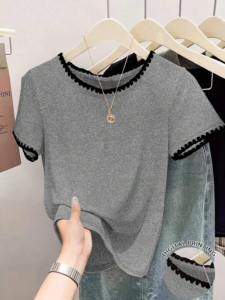 Women's Casual Daily Ribbed Crew Neck Short Sleeve T-Shirt, Summer - Grey - View 1