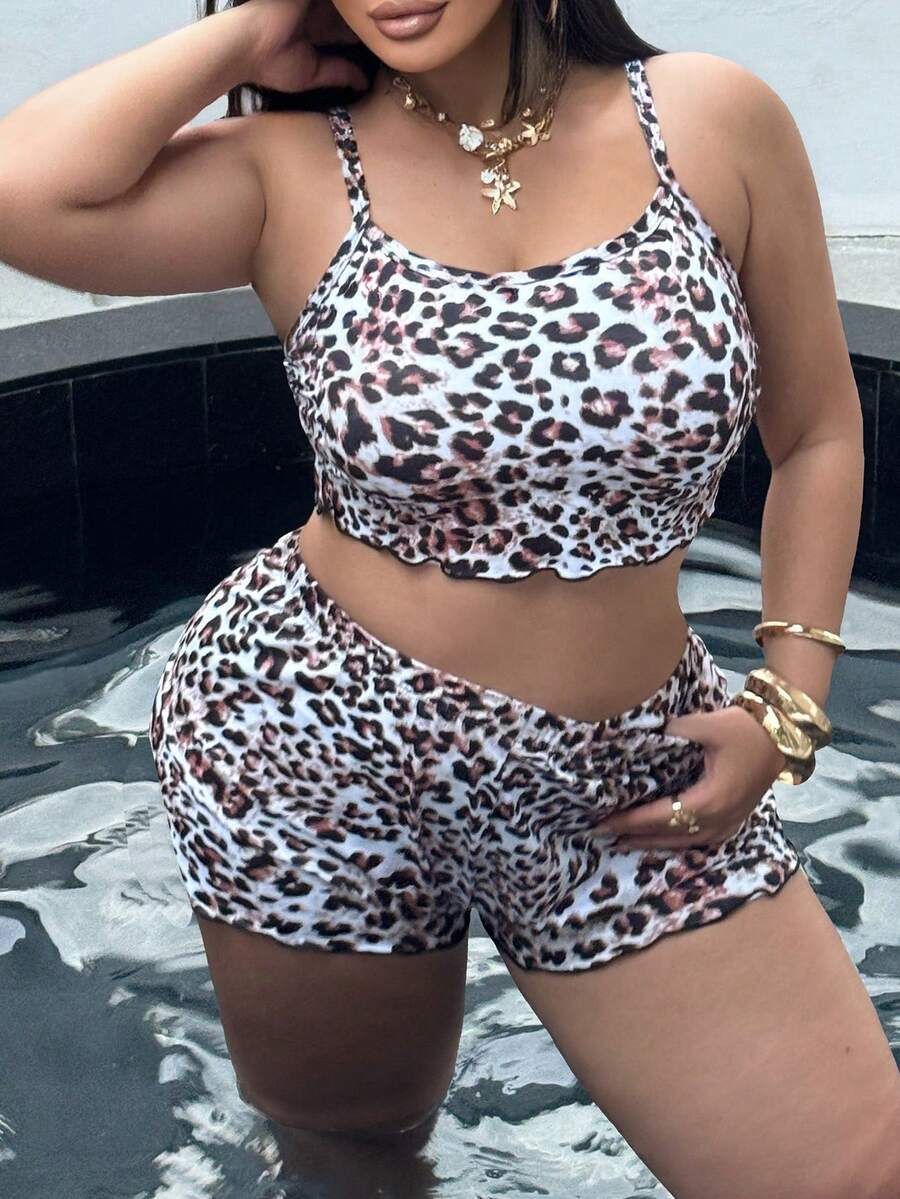 Swim SXY Costume da bagno bikini da donna taglie forti, 2 pezzi, con stampa leopardata, spalline sottili, sexy, adatto per vacanze al mare - Multicolore - Visualizzare 1