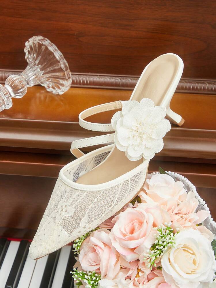 CUCCOO HITCHD Women's Pointed Toe Floral Decor Elegant High Heel Mules Valentine's Day Elegant Shoes