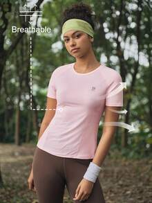 Exploreva Women's Outdoor Mesh Patchwork Elastic Sports T-Shirt, Pink - Pink - View 1