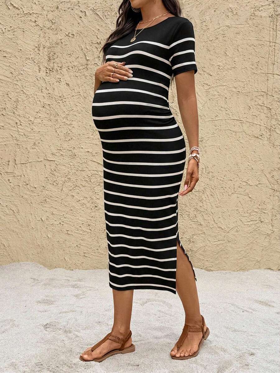 Pregnant Women Round Neck Short Sleeve Slit Striped Casual Summer Dress - Black - View 1