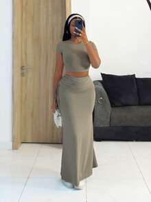 Slaydiva New Early Spring, Spring And Summer Music Festival, Valentine's Day, Easter, Bohemian Style, Nomadic Style, Casual, Simple And Basic, Cruise Party, Birthday Party, Daily Date, Casual Vacation, Elegant Commuting, Round-Neck Short-Sleeved, Ultra-Crop Top, T-Shirt + Side Drawstring, Bodycon Skirt, H-Shaped Long Skirt, Gray-Brown Set, Women's Two Pieces Set -A - Grey - View 7