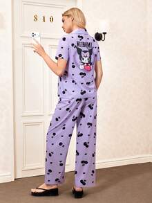 HELLO KITTY AND FRIENDS | SHEIN 女士休闲樱桃印花短袖衬衫长裤睡衣套装，春夏秋季 - 紫色 - 查看 5