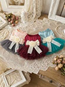 PETSIN 1件宠物立体花朵连衣裙，小型犬、猫咪通用款，公主风婚纱礼服，适合春夏穿着 - 彩色 - 查看 3