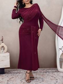 Modelyn Abito elegante da donna in stile francese, con patchwork, volant asimmetrici e maniche lunghe aderenti - Bordò - Visualizzare 1