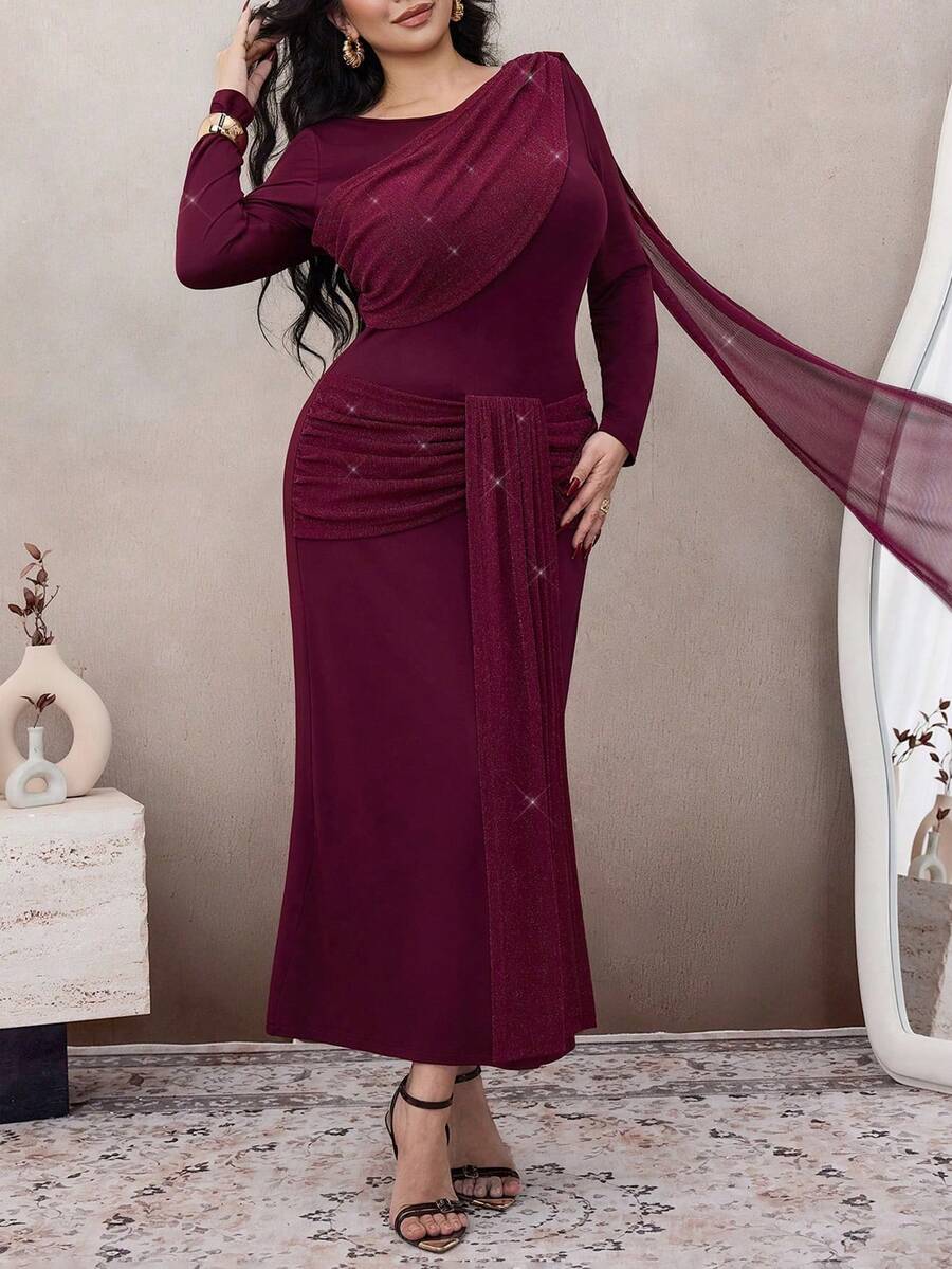 Modelyn Abito elegante da donna in stile francese, con patchwork, volant asimmetrici e maniche lunghe aderenti - Bordò - Visualizzare 1