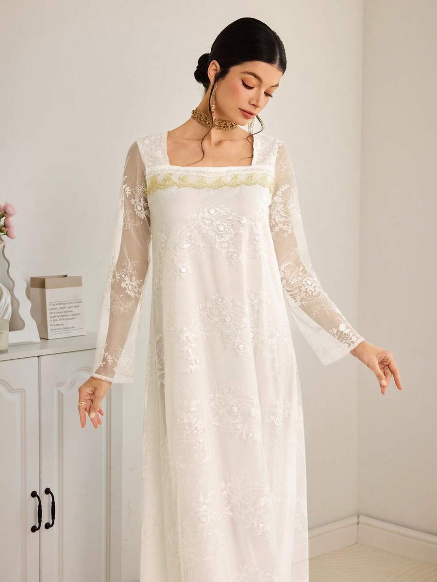 Al Najma Women's Elegant Square Neck Long Sleeve Arabic Style Dress - Pink - View 1