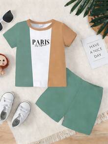 Set de 2 piezas de ropa para niño, camiseta de manga corta con cuello redondo con estampado minimalista de logotipo y bloques de color, combinada con pantalones cortos de unicolor, adecuado para salidas en verano - Multicolor - Ver 4