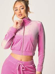 Missguided x Playboy Áo khoác nỉ dài tay ôm sát, dáng lửng, chất liệu nhung màu hồng đậm, đính đá lấp lánh, khóa kéo toàn thân, thiết kế chữ lấp lánh, thích hợp cho phong cách đường phố mùa thu đông. - Bụi hồng - Xem 4