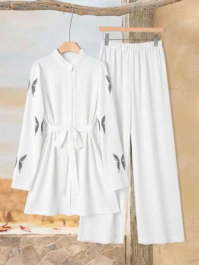 Rusticease Women's Mandarin Collar Butterfly Print Single-Breasted Long Sleeve Top And Wide Leg Pants Casual 2 Pieces Set Ladies Casual Sets Shirt And Pants Set White Sets For Women Two Piece Set