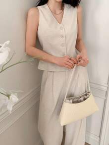 DAZY 女士V领无袖上衣和裤子两件套 - 米色 - 查看 4