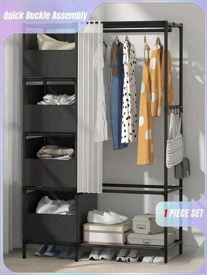 1pc Multi Layer Portable Wardrobe Storage Rack With Metal Frame And Plastic Shelf, Simple Bedroom Wardrobe Can Be Moved, Disassembled And Installed Easily, Suitable For Living Room, Bedroom, Study And Office Use