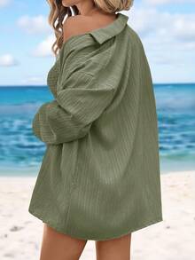 Sylviya 3pcs Women's Casual Vacation Cardigan, Tube Top And Shorts Set - Green - View 2