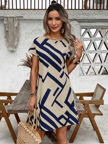 EMERY ROSE Vestido corto casual y de fiesta para mujer con cuello redondo y estampado geométrico - Azul - Ver 6