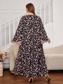 Al Najma Casual Allover Print Pleated Decor Sweetheart Neck Long Sleeve Loose Regular Maxi Dress For Plus Size Women, Spring/Autumn - Multicolor - View 2
