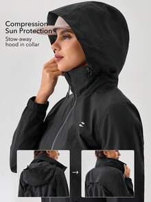 OutZeal 女士黑色冲锋衣，适合露营、徒步，防水防风，可卷起兜帽，后部网眼设计，抽绳腰带，带口袋 - 黑色 - 查看 4