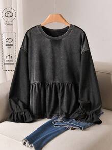 CosyJoli Damen Große Größen Rundhals Langarm Rüschen Saum Gewaschener Sweatshirt, Lässiger Pendler Mode Schwarzer Sweatshirt, Alltagskleidung für Muttertag - Schwarz - Übersicht 4