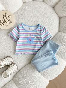 SHEIN 女婴可爱夏季休闲蓝色碎花条纹短袖T恤和裤子套装 - 紫色 - 查看 7