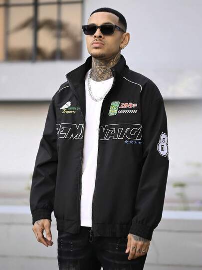 Devon Thys Men's Casual Letter Print Long Sleeve Jacket, Spring/Autumn Street Style Racing Jacket, Black Motorcycle Jacket, Long Sleeve Outgoing Designer Bomber Jacket, Street Style Version, Gift For Friends, Husband, Boyfriend