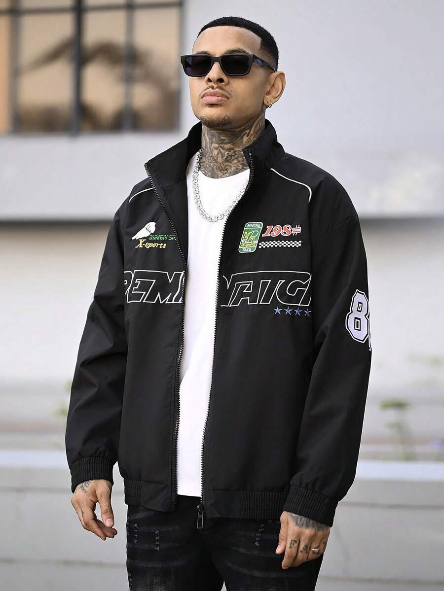 Devon Thys Men's Casual Letter Print Long Sleeve Jacket, Spring/Autumn Street Style Racing Jacket, Black Motorcycle Jacket, Long Sleeve Outgoing Designer Bomber Jacket, Street Style Version, Gift For Friends, Husband, Boyfriend - Black - View 1