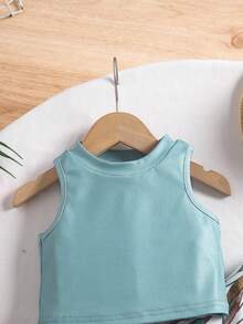 SHEIN Babygirl Vacation Casual Cute Knit Vest Leaf Print Pants Set - Green - View 6