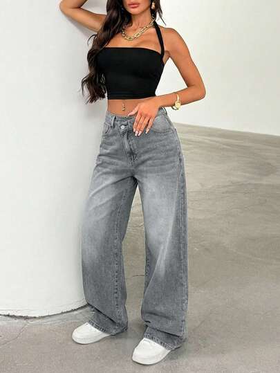 EURMUSE Women's Thick Denim Jeans, Oblique Placket, Loose Wide-Leg Pants, Blue