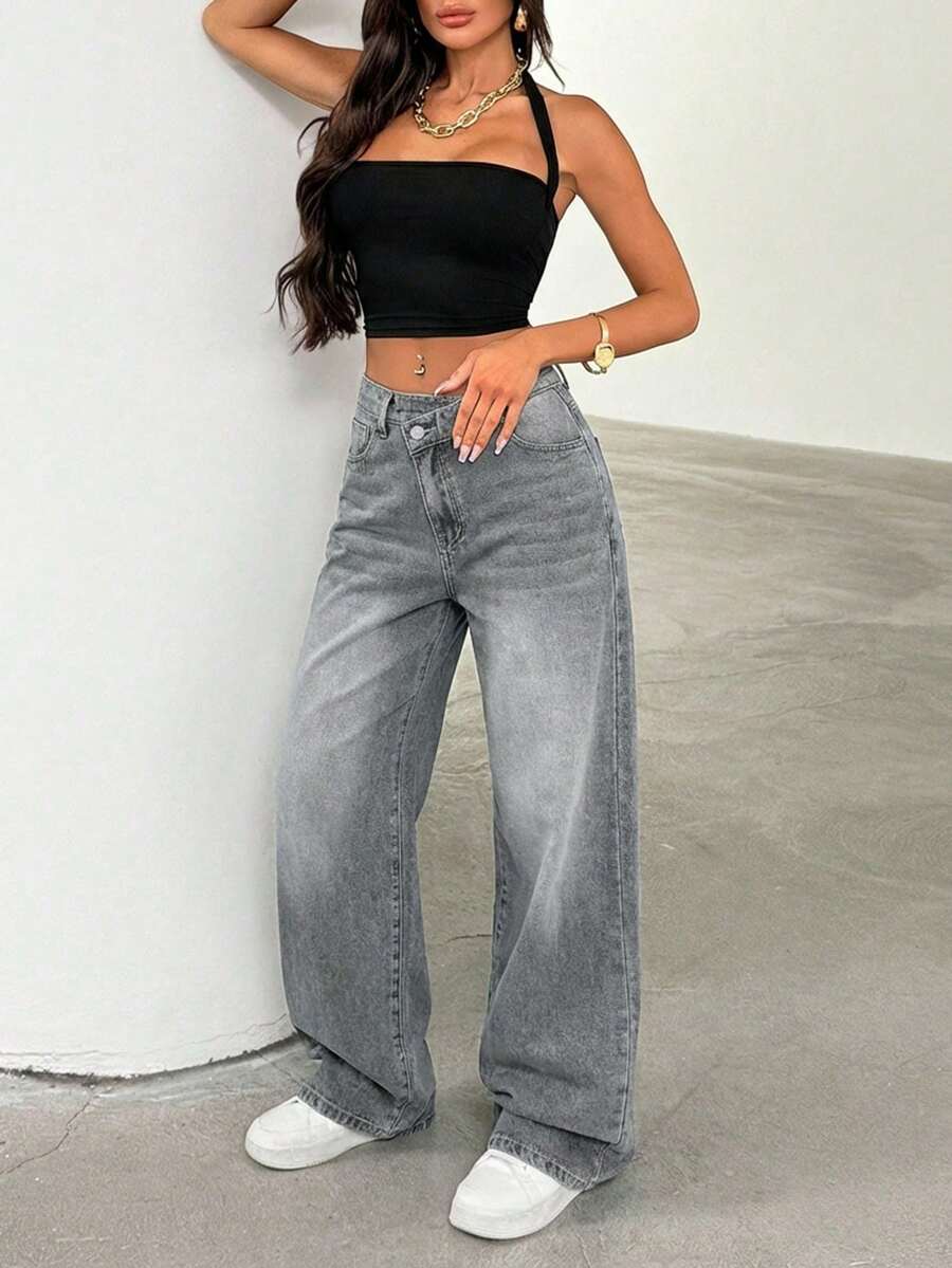 EURMUSE Women's Thick Denim Jeans, Oblique Placket, Loose Wide-Leg Pants, Blue - Grey - View 1