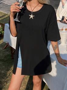 DAZY 女士圆领开衩下摆宽松休闲T恤，度假风 - 黑色 - 查看 4