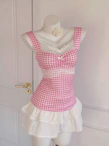 Comfortcana Women's Sweet Plaid Contrast Lace Ruched Bust Ruffle Hem Camisole Top, Summer For Women - Pink - View 7