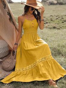 Breezaya 女士纯色简约蕾丝装饰吊带连衣裙长款度假沙滩装 - 黃色 - 查看 4