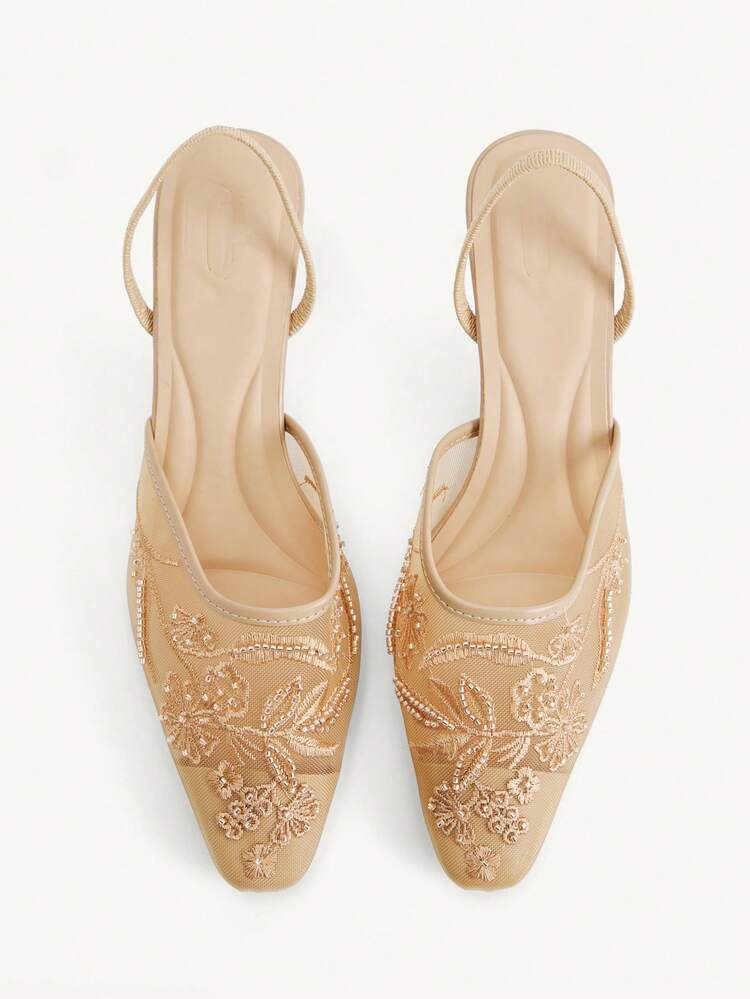 CUCCOO CHICEST Women's Embroidered Mesh Beaded Square Toe Mid-Heel Slip-On Pumps, Elegant Party Wear Stilettos Wedding Shoes Spring Shoes Bride Shoes