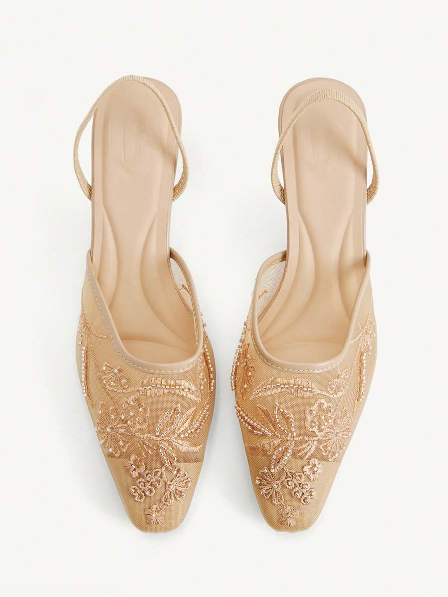 CUCCOO CHICEST Women's Embroidered Mesh Beaded Square Toe Mid-Heel Slip-On Pumps, Elegant Party Wear Stilettos - Khaki - View 1