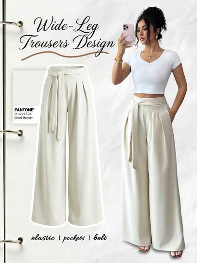 Elenzga Apricot High-Waisted Wide Leg Pants With Bow Tie Waist Belt, Elegant And Sophisticated Design, Suitable For Valentine's Day, Easter, Labor Day, Birthday, Date, Party, Formal Occasions, Teacher's Outfit, High-Presence Styling, Travel, Spring/Summer