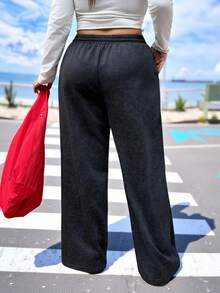 Muchica Plus Size Solid Color Knot Pocket Seam Front Casual Loose Pants - Black - View 3