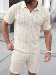 Manfinity RSRT 2pcs/Set Men's Comfortable Jacquard Hollow-Out Fabric Short Sleeve Polo Shirt And Drawstring Elastic Waist Shorts, Casual For Vacation, Party, Gathering, Sports, Simple Office, Classic Samurai Style Short Sleeve And Shorts Set, Bestselling Set, Suitable For Self-Wear Or Gift To Friends, Spring/Autumn - Beige - View 3