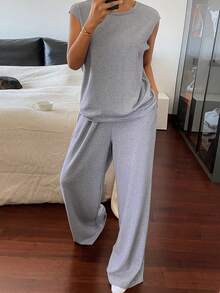 DAZY Minimalist Knit Sleeveless Women Pajama Set - Grey - View 6