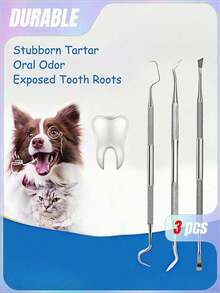 3Pcs Stainless Steel Double-Headed Pet Teeth Scaler & Scraper Set - Effective Tarter Removal Tool For Dogs & Cats​ - Silver - View 2