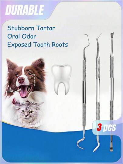 Conjunto de 3 piezas de raspador y escalador de dientes de doble cabeza de acero inoxidable para mascotas - Herramienta efectiva para eliminar el sarro para perros y gatos