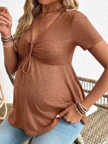 SHEIN Maternity Casual Drawstring Front Short Sleeve T-Shirt, Summer - Brown - View 3
