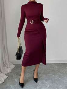 Elenzga Vestido ajustado elegante de unicolor con decoración metálica, talla grande, otoño - Burdeos - Ver 3