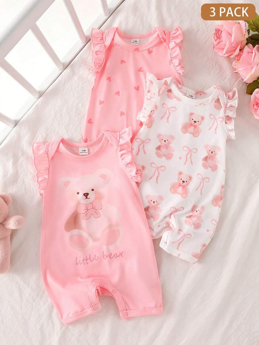 Newborn Round Neck Ruffle Trim All-Over Print Romper - Pink - View 1