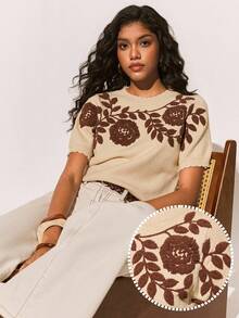 Poéselle 女士印花休闲百搭通勤短袖针织衫，米色花卉刺绣针织衫 - 短袖复古套头衫，适合日常和工作穿着 - 杏色 - 查看 4