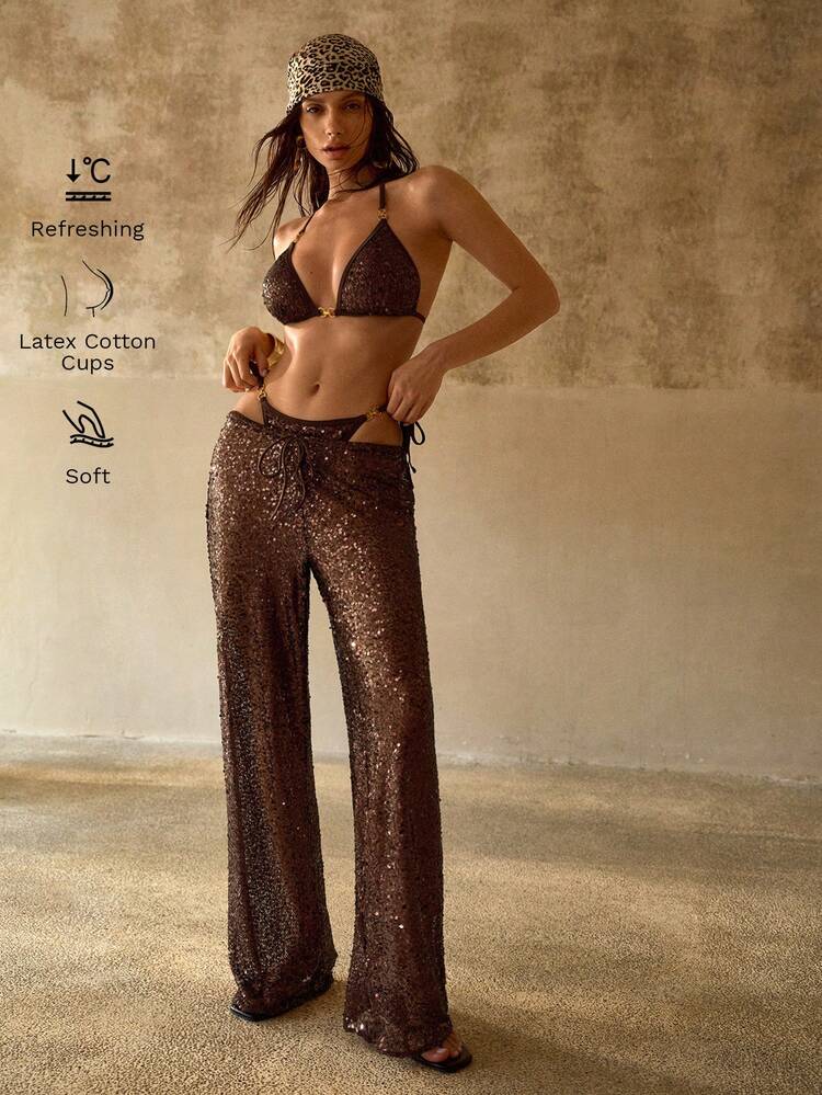 섬세한 메탈 데코 메시 스팽글 자수 스플라이스 홀터 타이 넥 보헤미안 비키니 세트