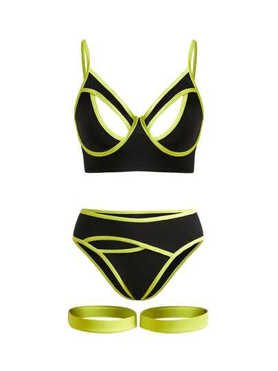 Menodora SHEIN Sport 女士性感撞色滚边钢管舞服装套装